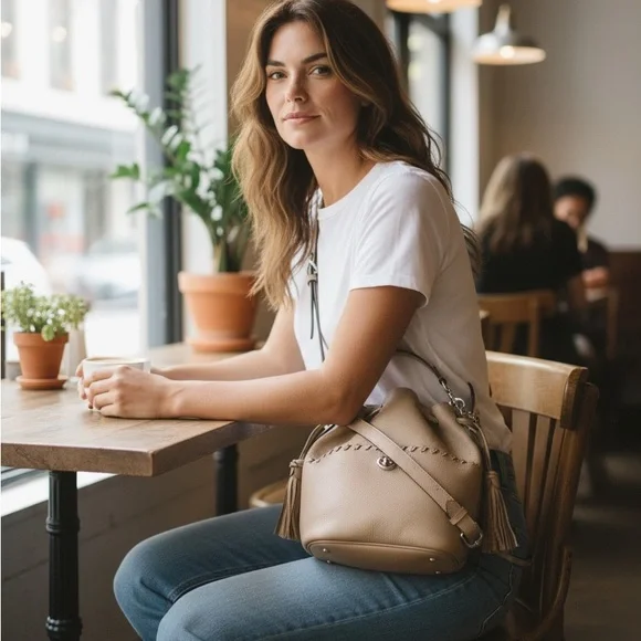 Coach Lora Bucket Bag Leather Tan Whipstitch Tassel Crossbody - Picture 5 of 5